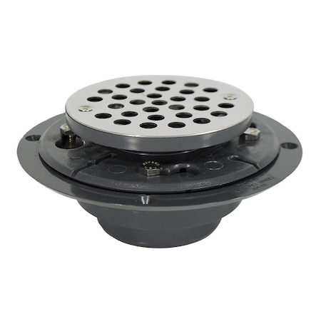 Jones Stephens 2inX3in PVC Perfect Low Profile Drain with 2in PVC Spud and Round SS Strainer, Primer Tapped D50125